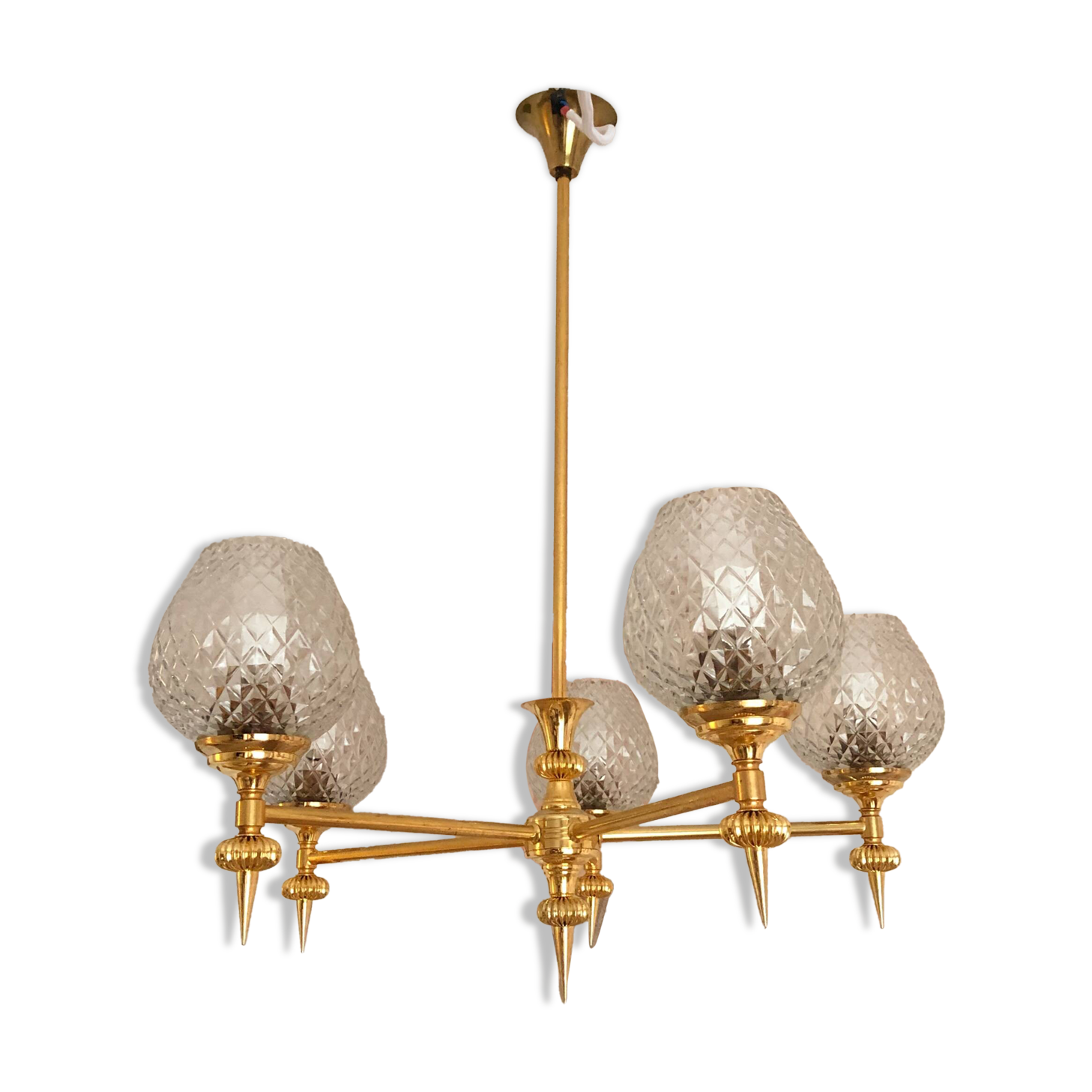 Vintage 5-light chandelier in glass and brass