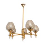 Lustre 5 feux vintage en verre et laiton