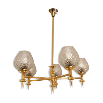Lustre 5 feux vintage en verre et laiton