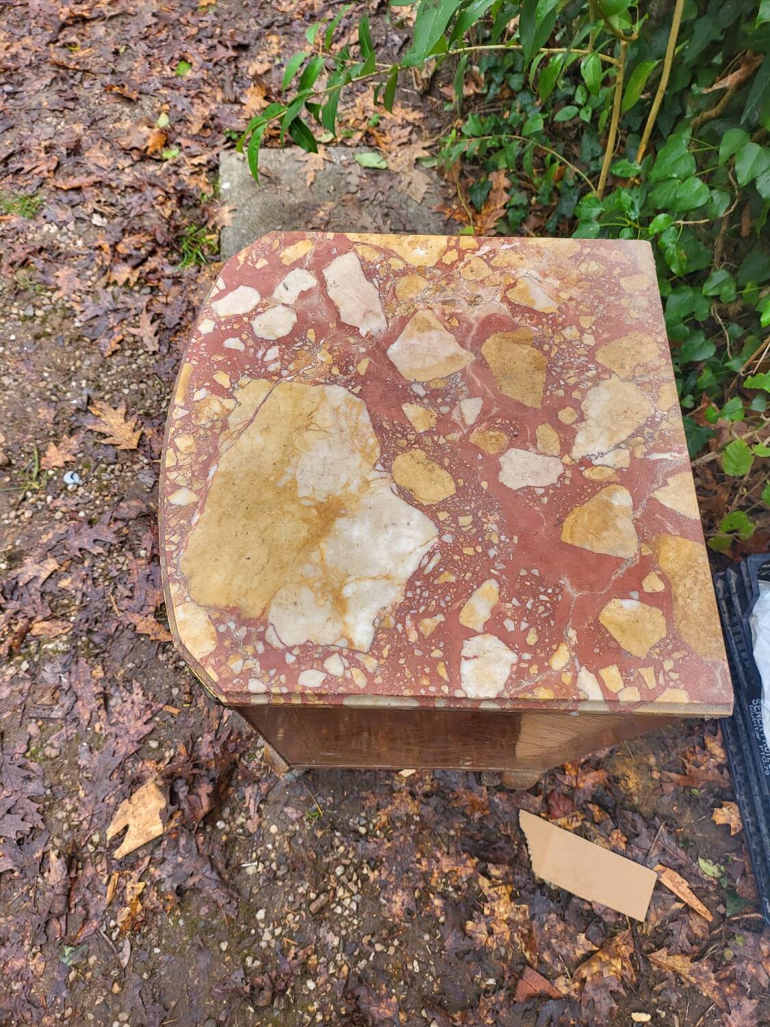 Antique side table in marquetry wood with a marble top – late 11th century