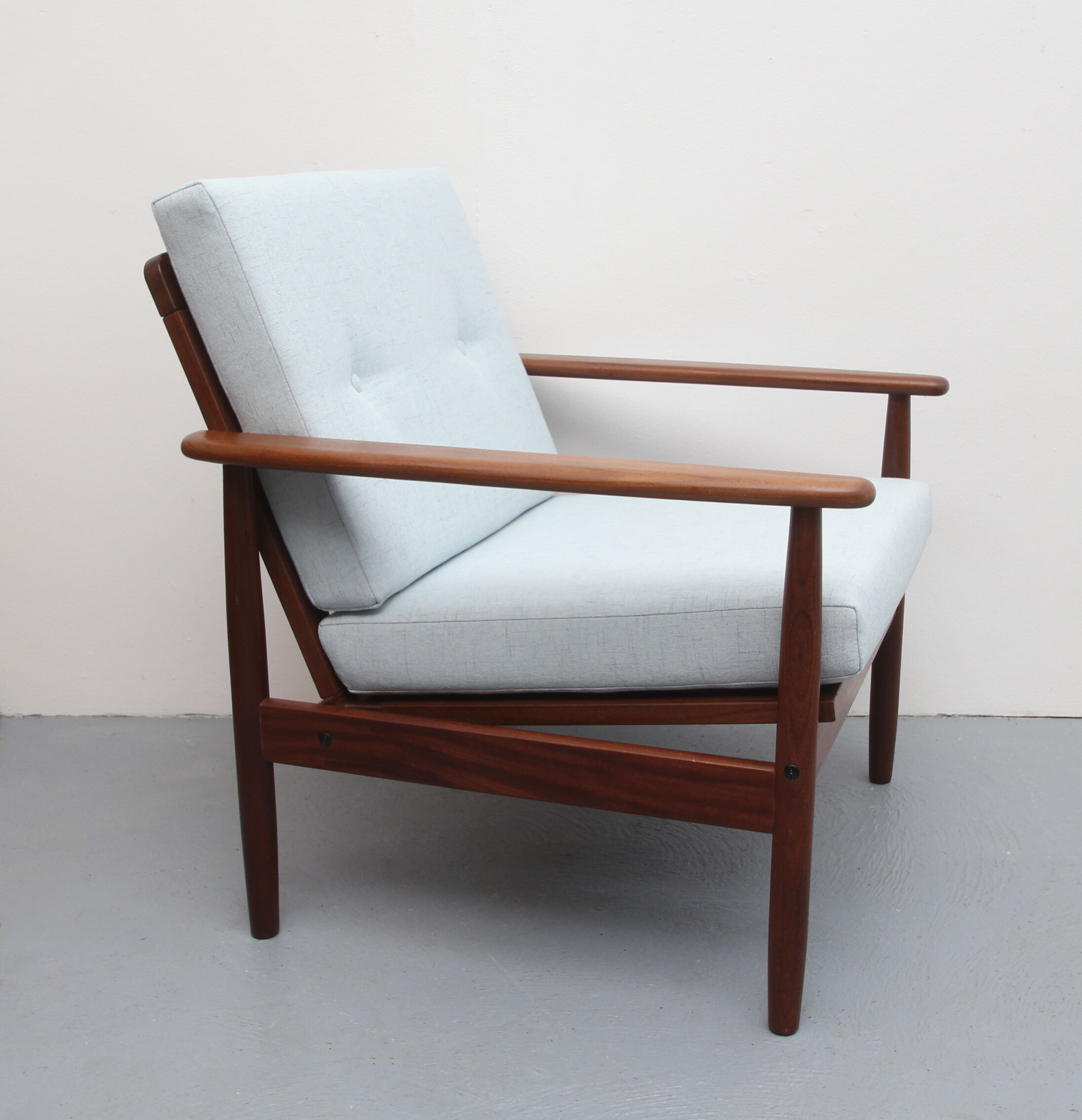 1960s teak armchair new cushions in grey-blue