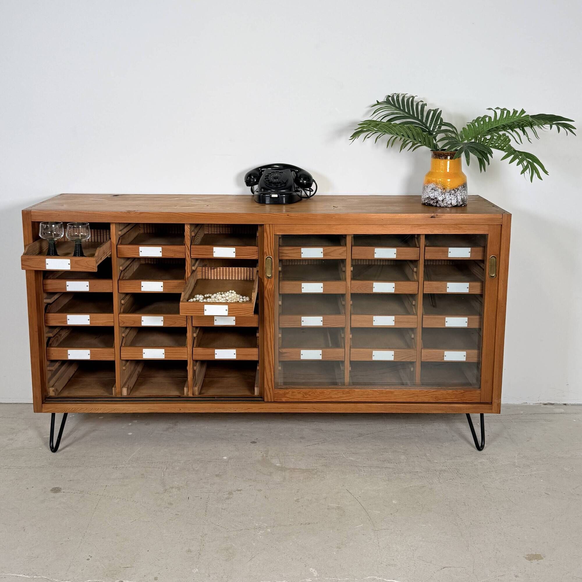 Vintage German Pine Sideboard / Sorting Cabinet with 24 Drawers & Glass Sli