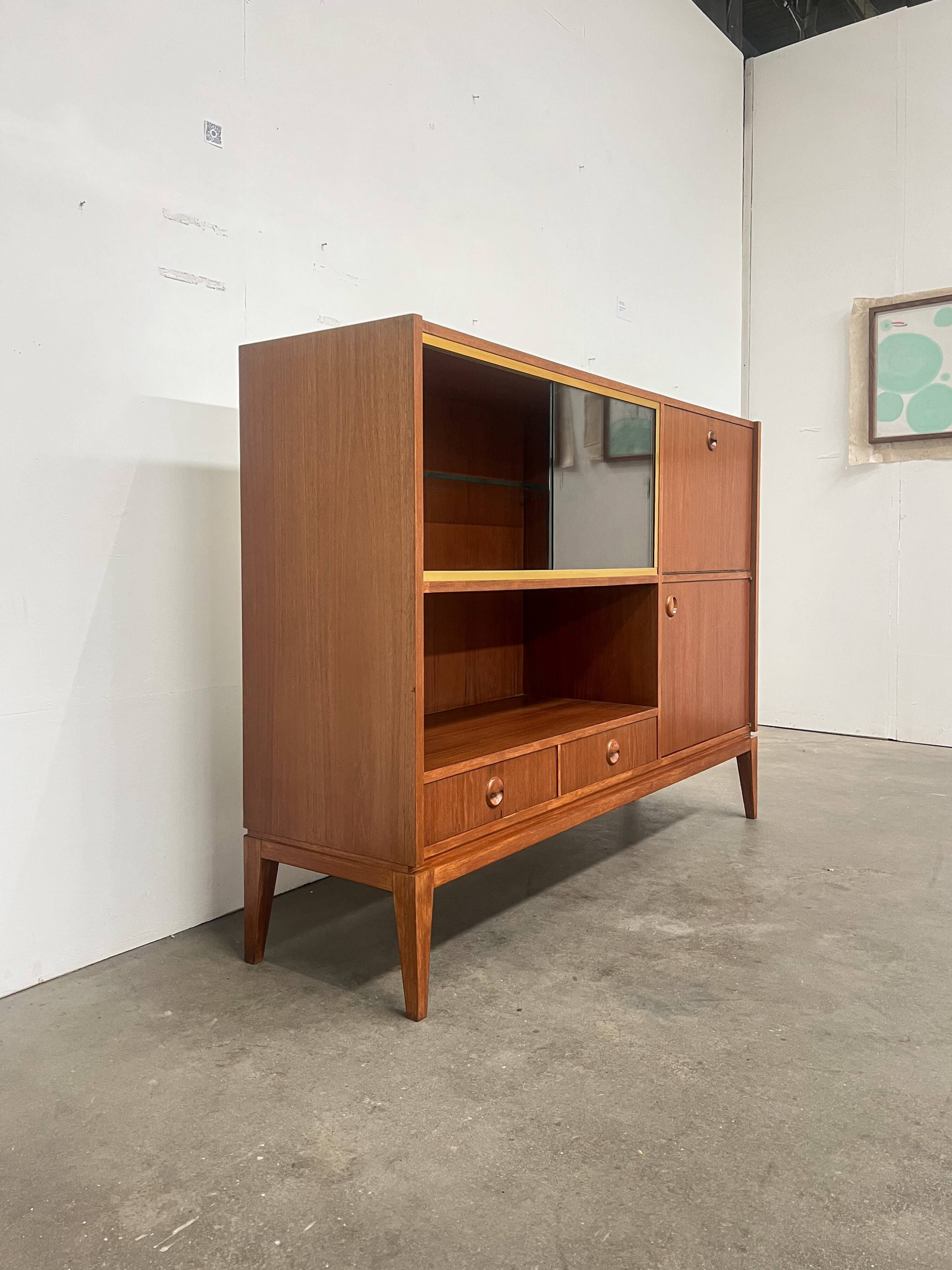 High vintage wooden sideboard with display cabinet and bar - Scandinavian style
