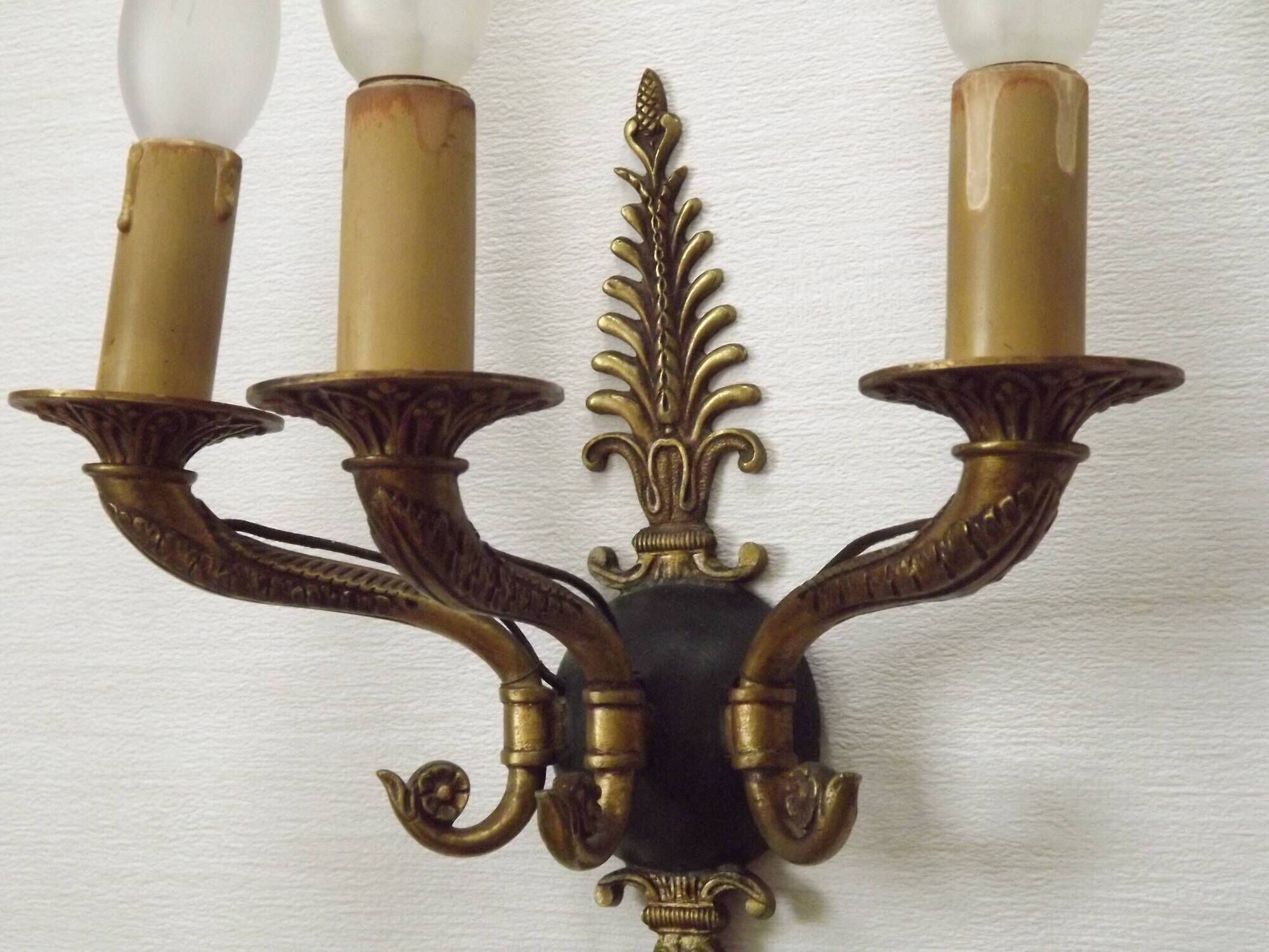 Set of 3 Bronze French Empire Style Triple Light Wall Sconces Neoclassical