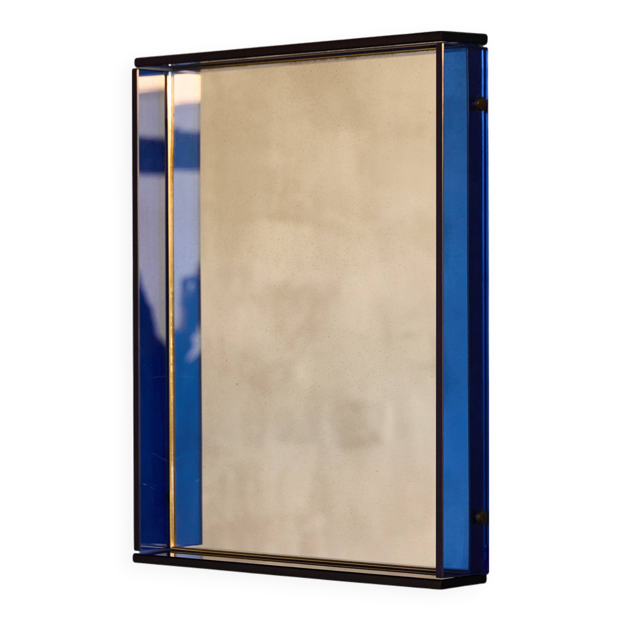 Blue Coloured and Mirrored Glass Wall Mirror, Italy, 1960s