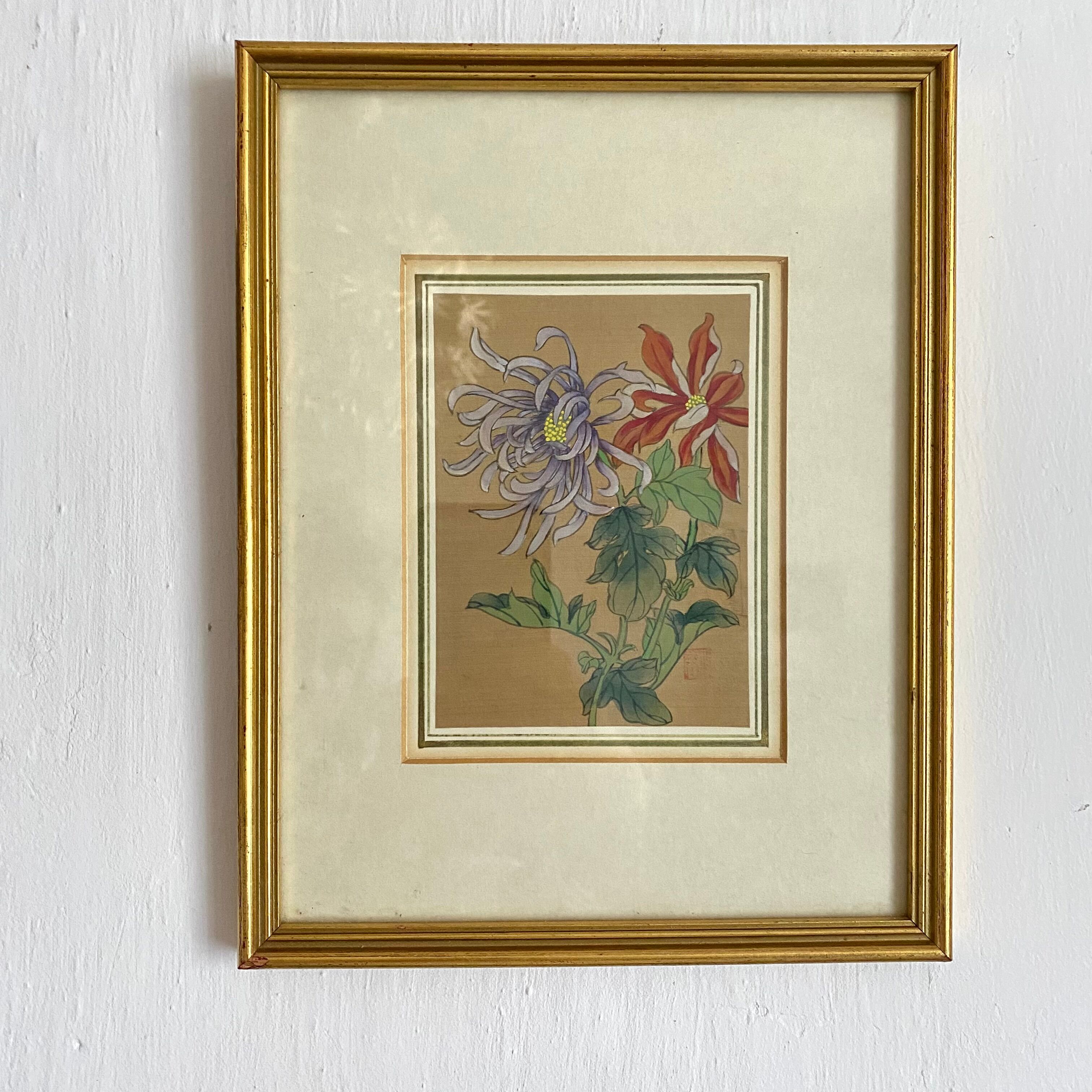Painting on silk flowers gilded frame