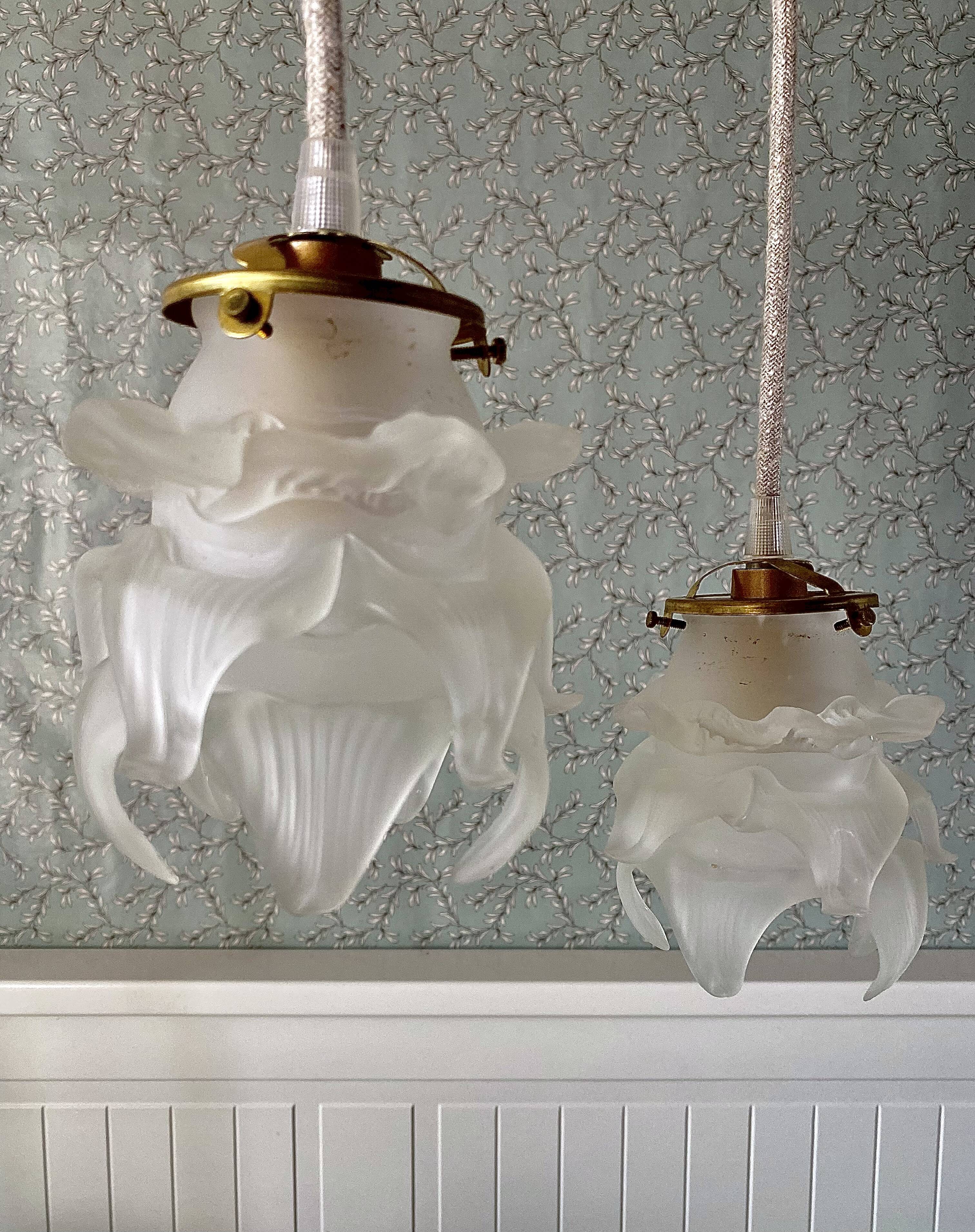 Two vintage Globe flower pendants in frosted glass