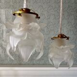 Deux suspensions vintage Globe fleur en verre dépoli