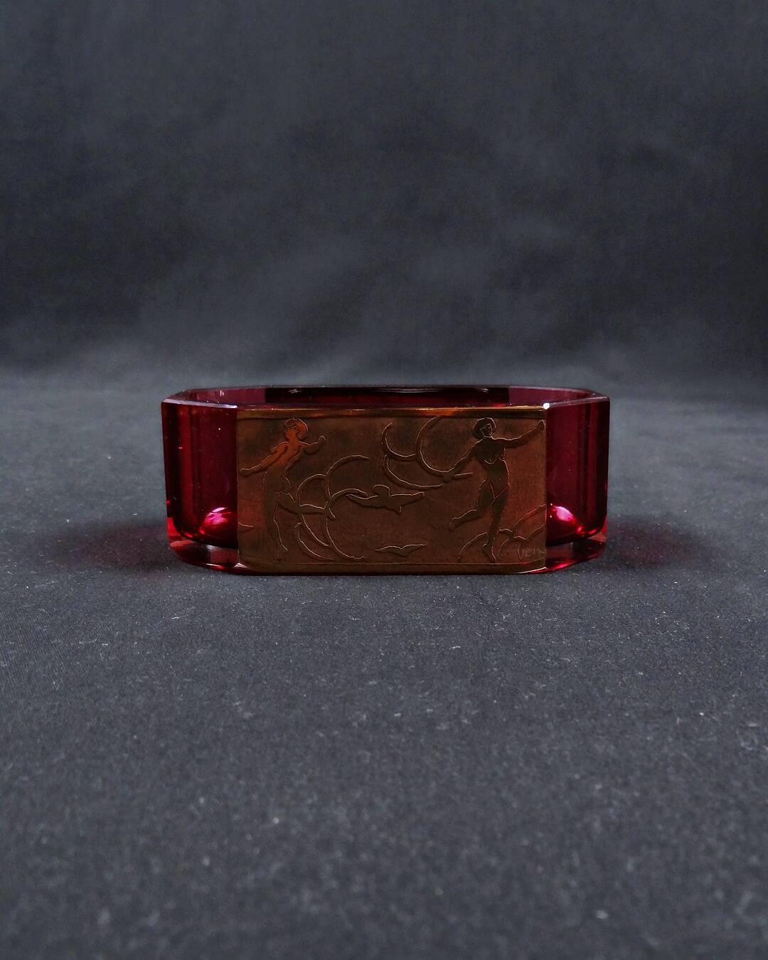 Moser Karlsbad Art Deco Crystal Pocket Tray with Amethyst and Gold Enamel