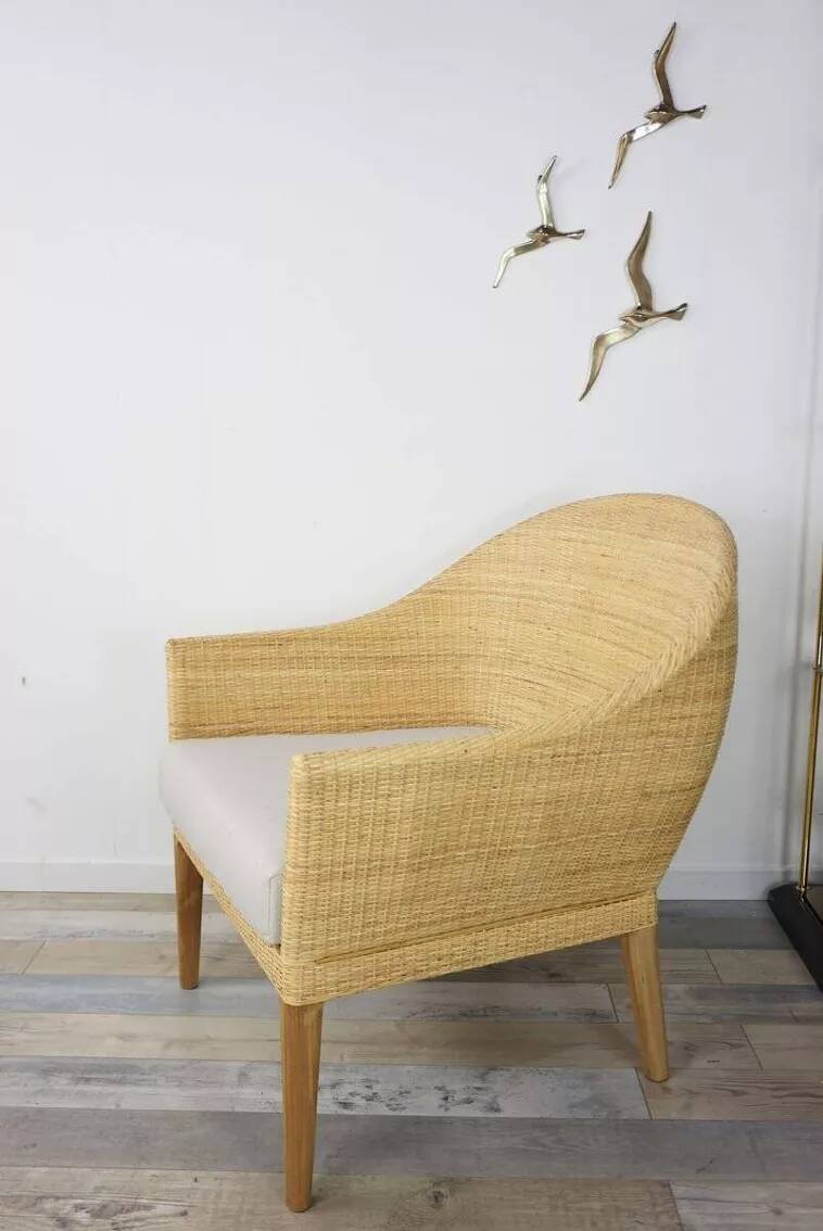 Pair of teak and rattan armchairs