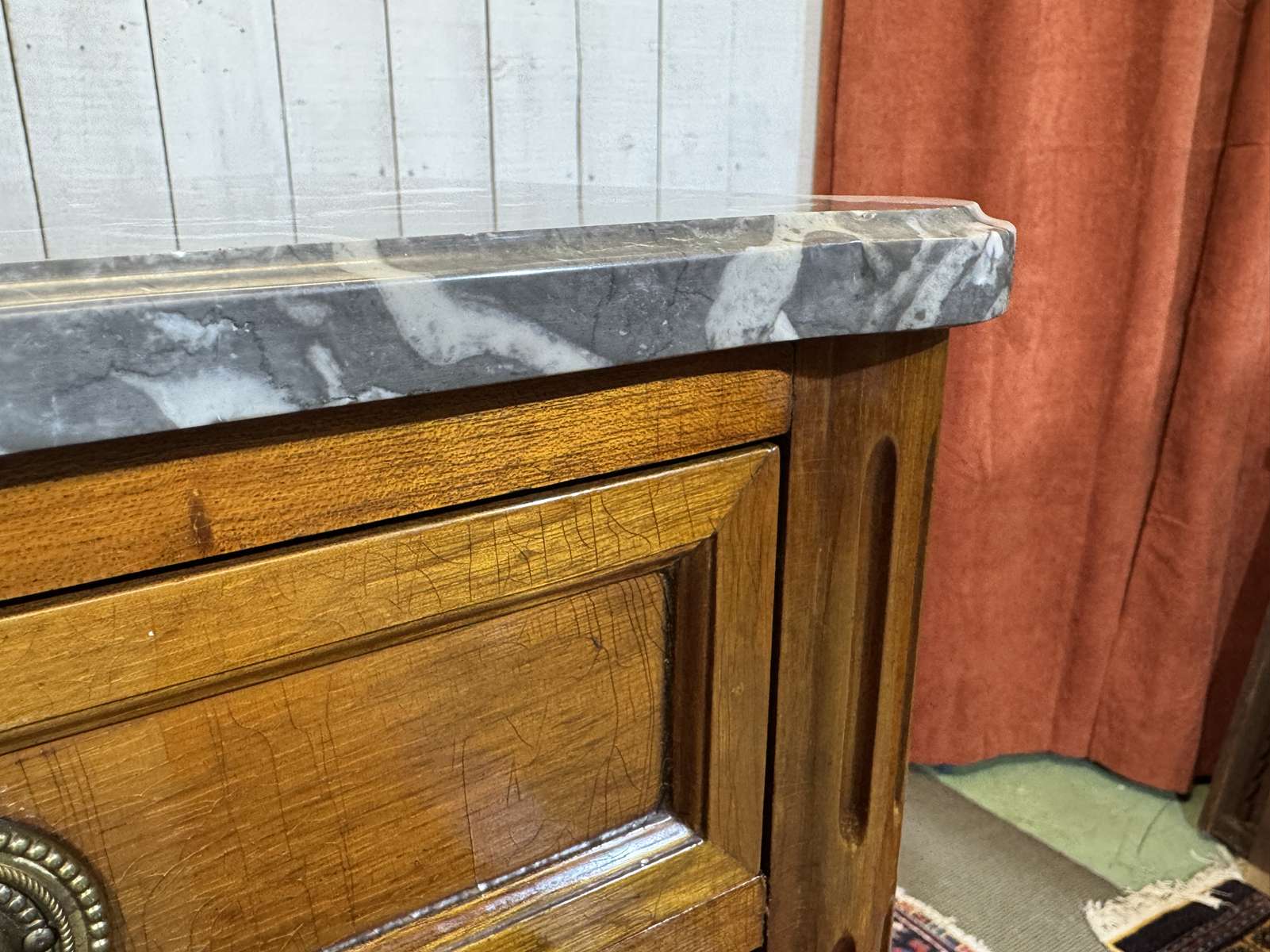 Small Louis XVI style cabinet in mahogany, oak, and marble top.