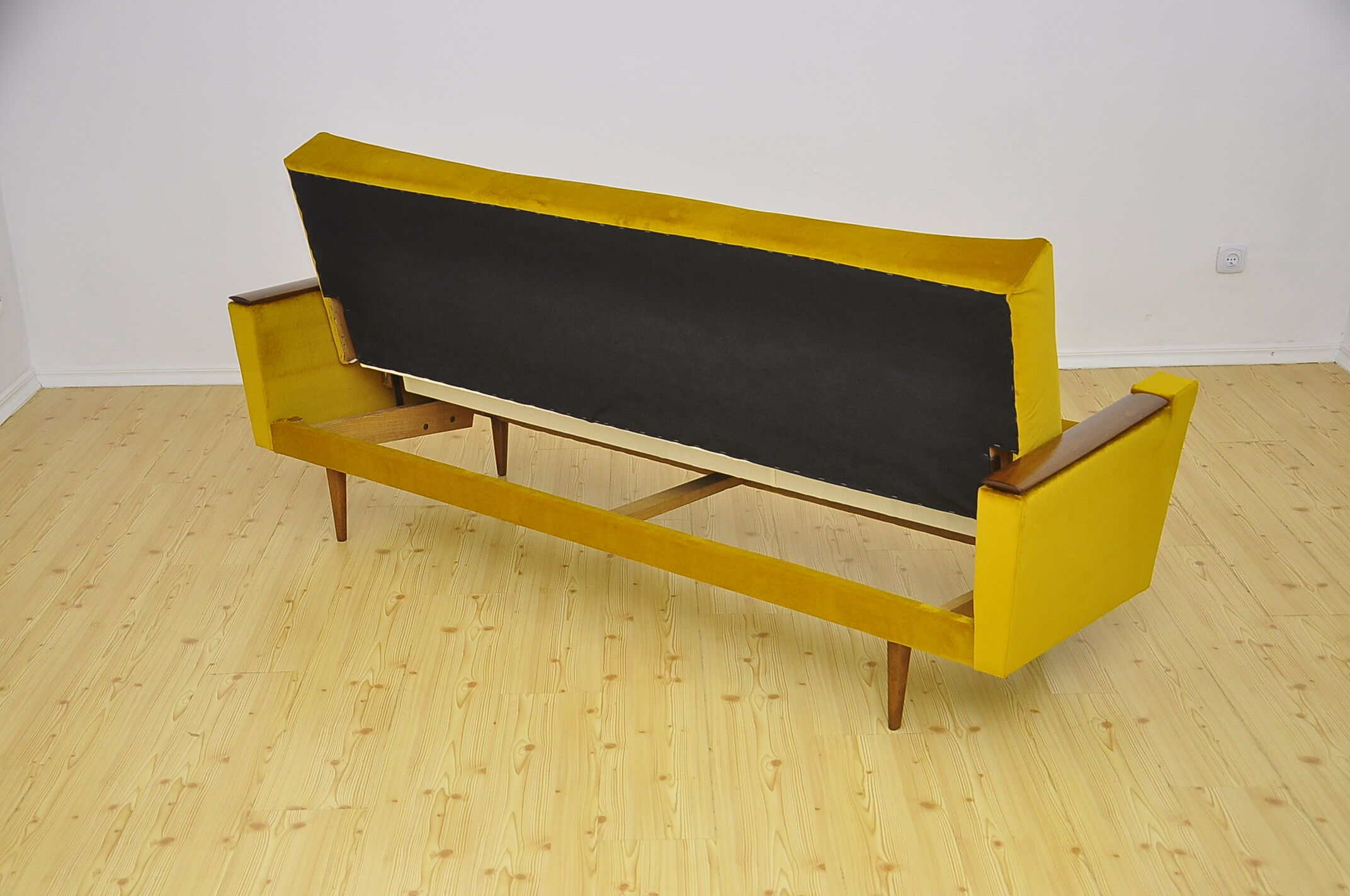 Yellow velvet sofa with fold-out function, 1960s