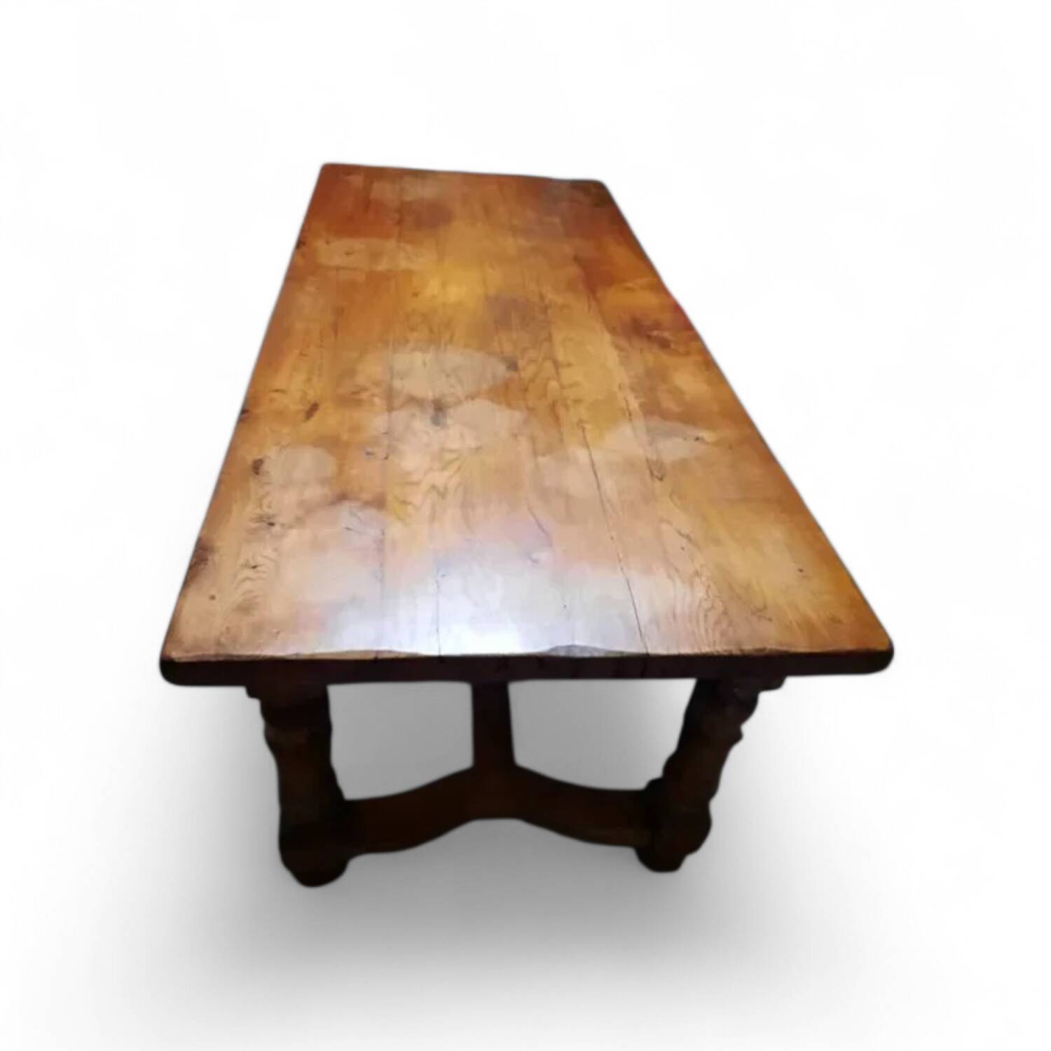Large Antique Farm Table 190cm - Turned Legs & Stretcher - Bo