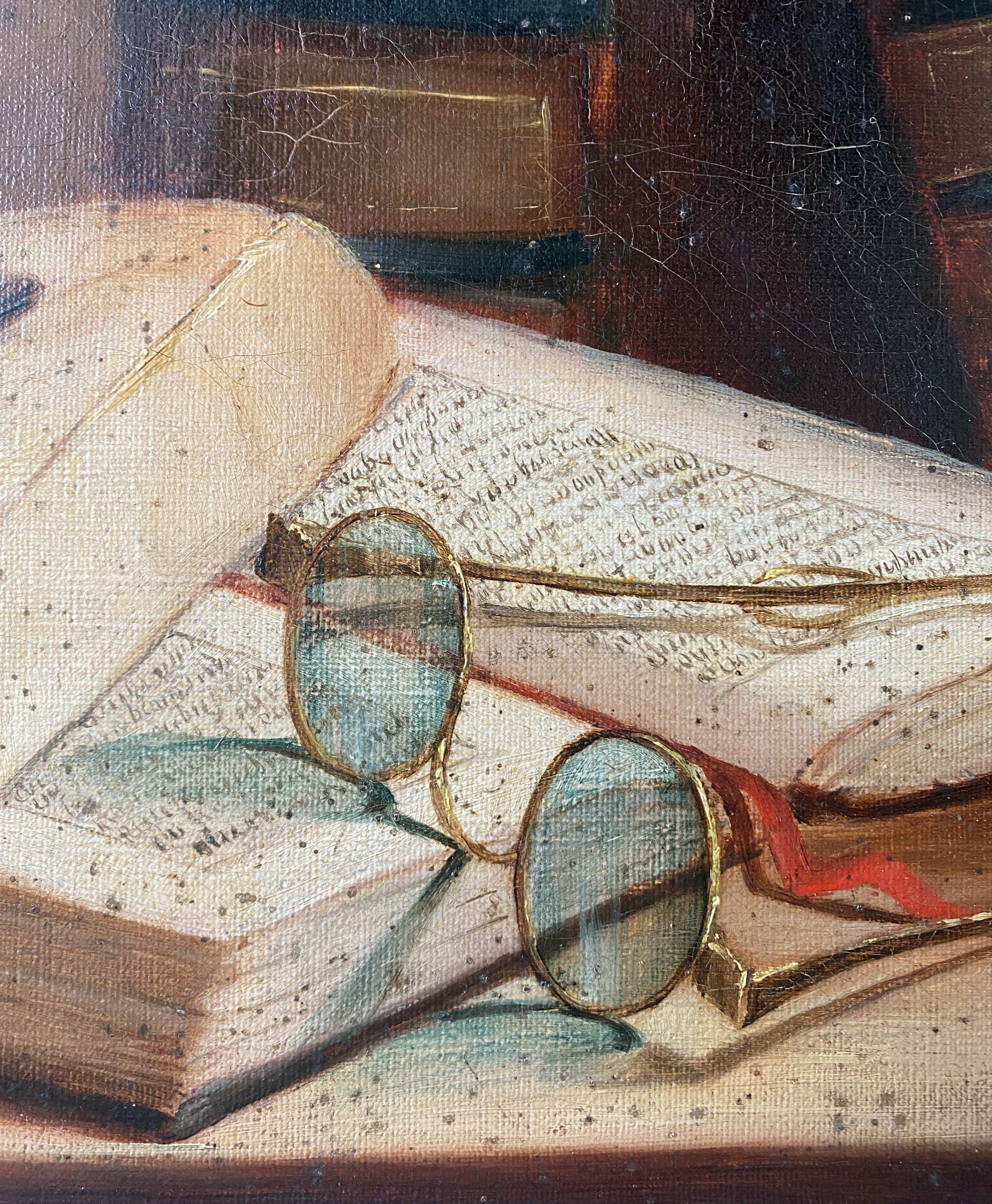 Painting "Still life Books and glasses" HST signed Marguerite Hain XIX° century