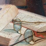 Painting "Still life Books and glasses" HST signed Marguerite Hain XIX° century