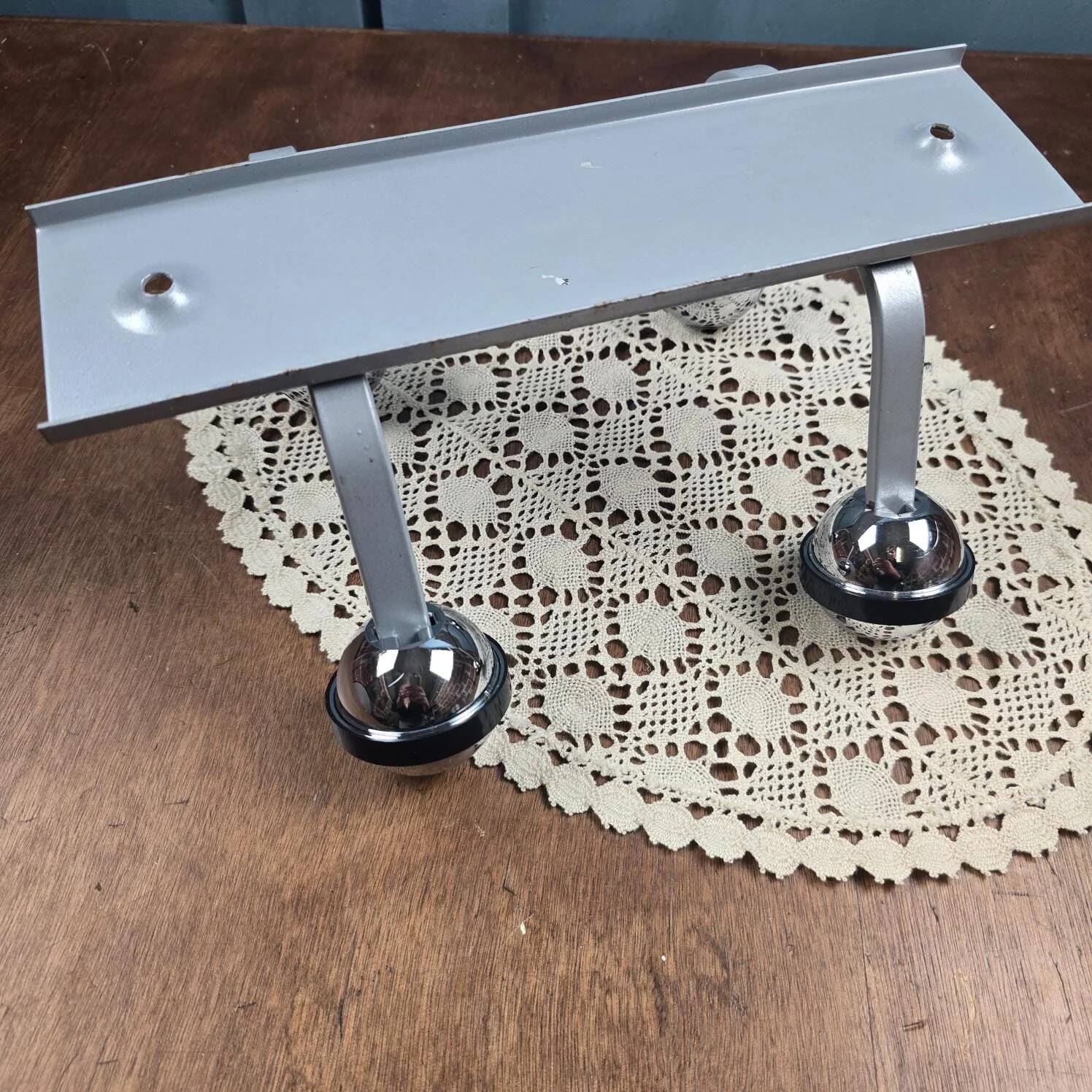 Grey Space Age wall coat rack with 4 chrome ball hooks vintage