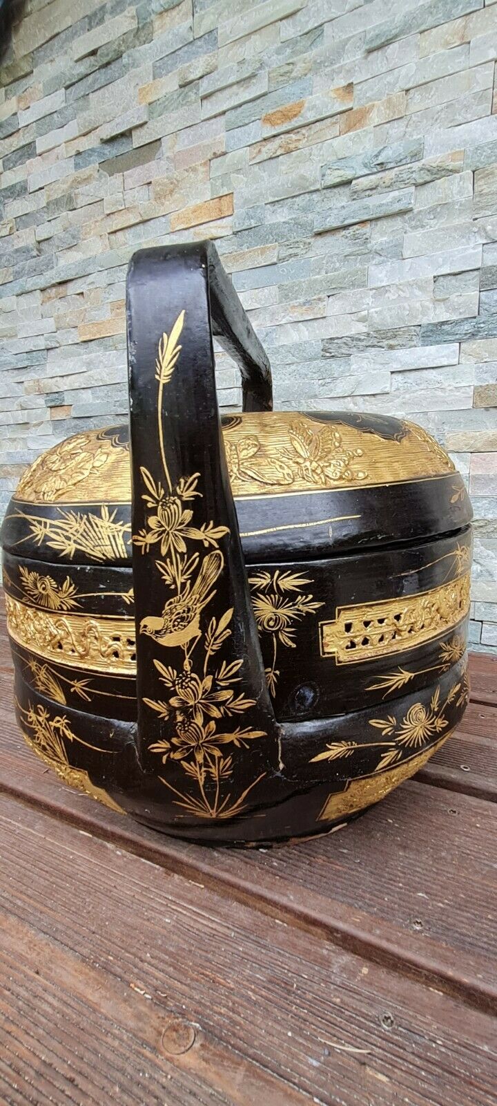 Panier de mariage chinois en bois et osier noir laqué et or