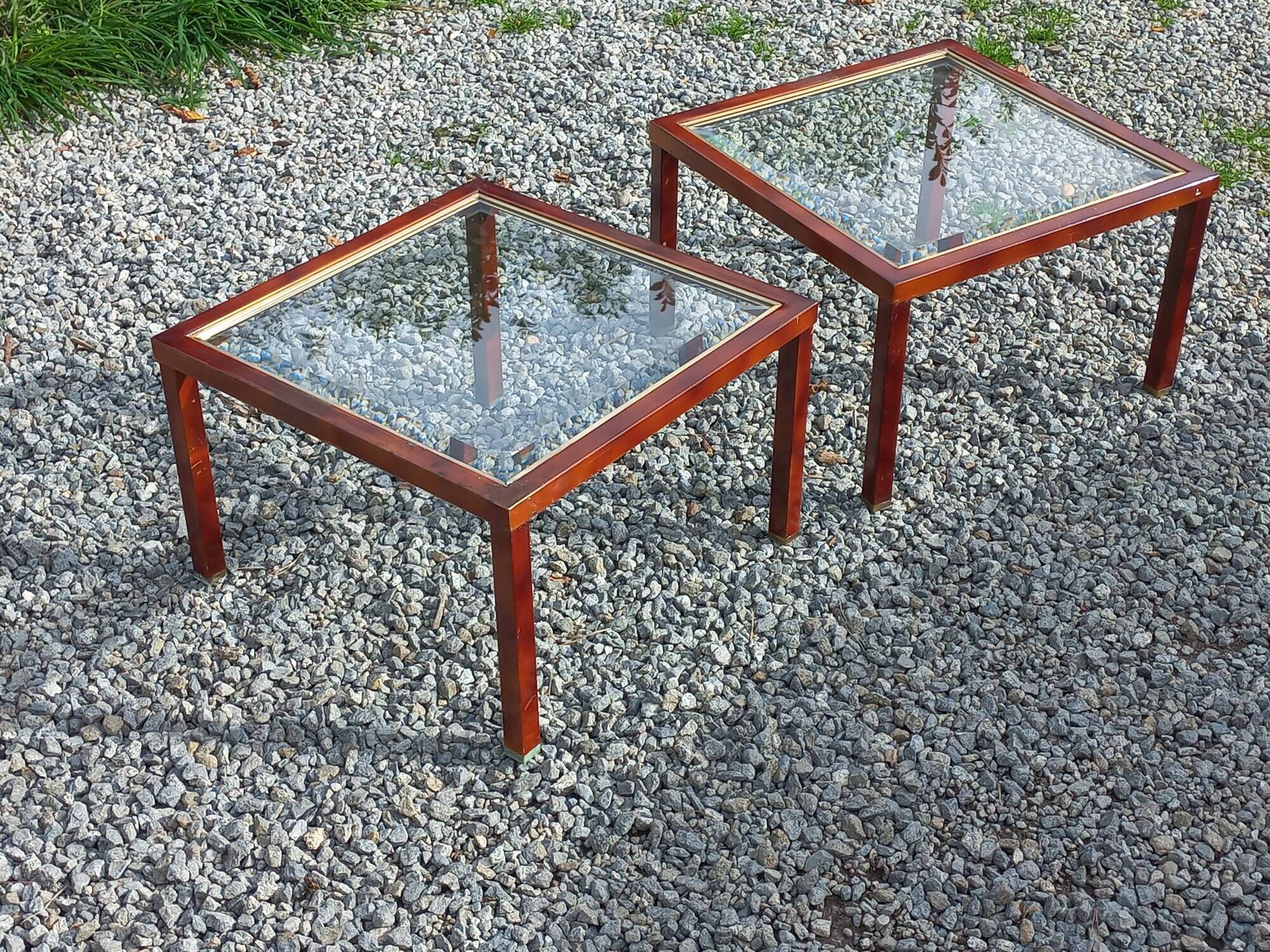 Pair of 1970s side tables in lacquered brass and glass