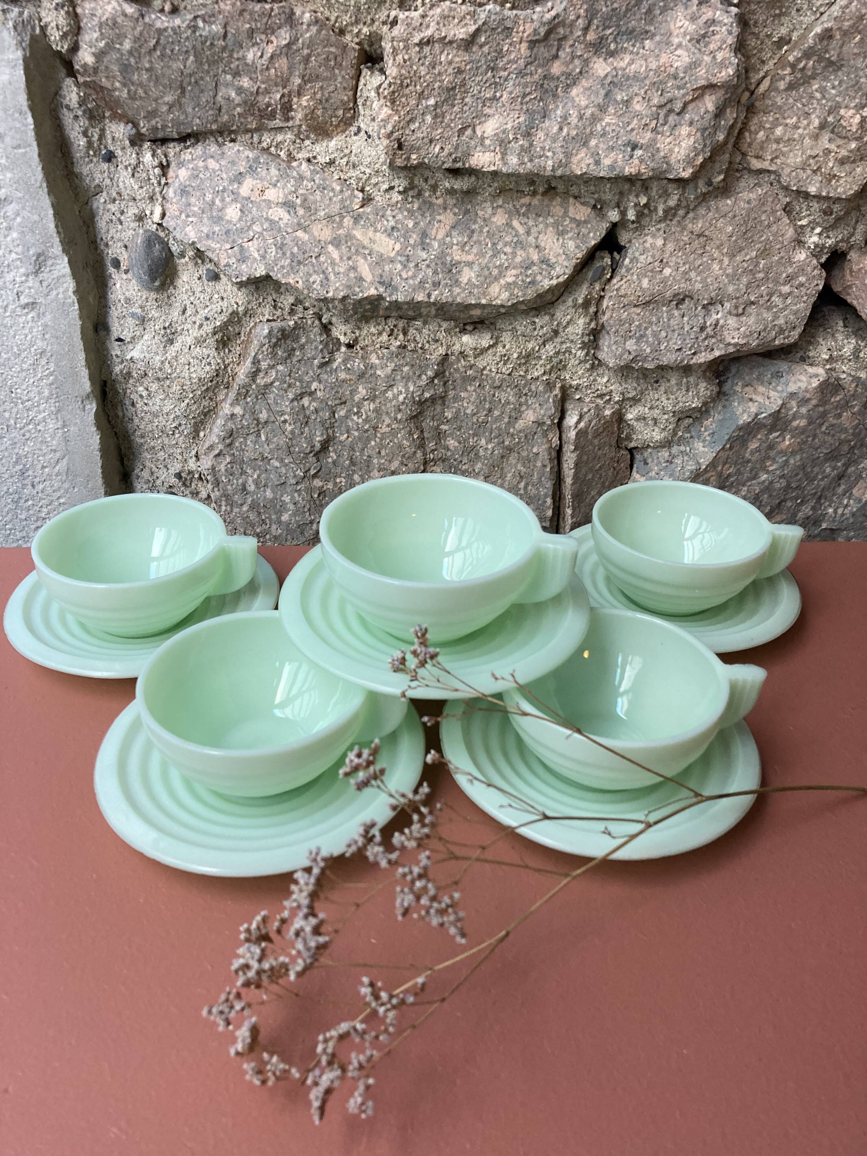 service à café Art Déco vert mint verre opale