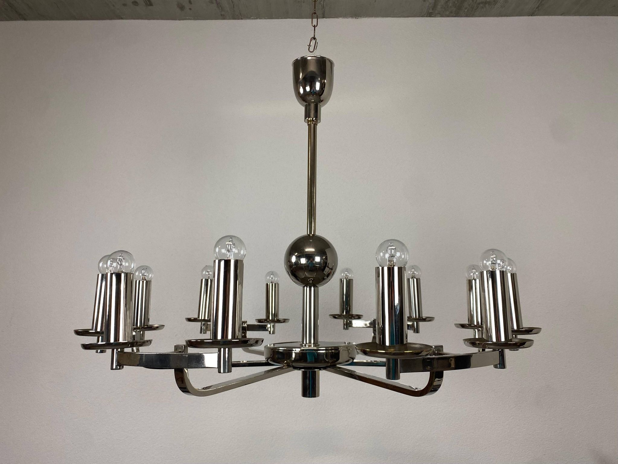 Large Bauhaus chandelier with two wall sconces.