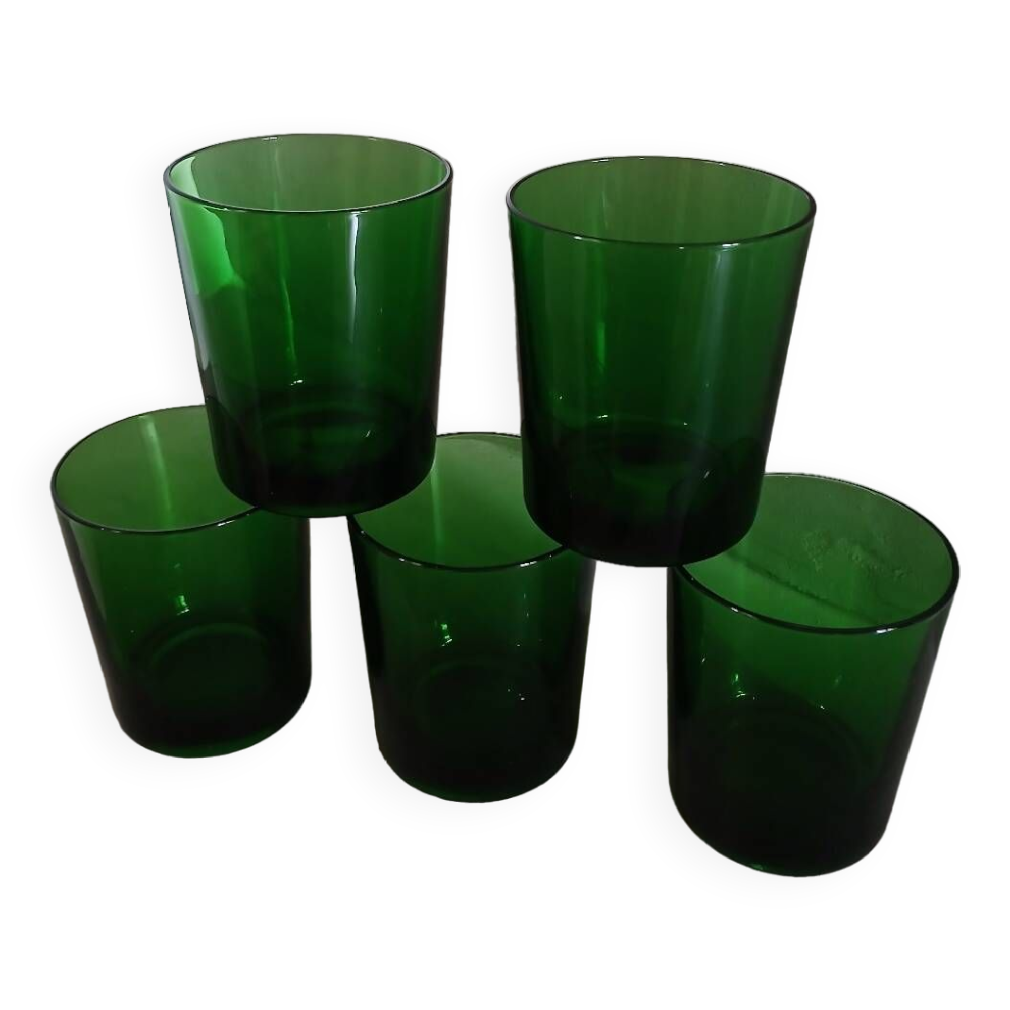 5 old green water glasses