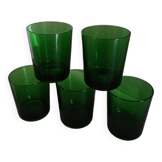 5 old green water glasses