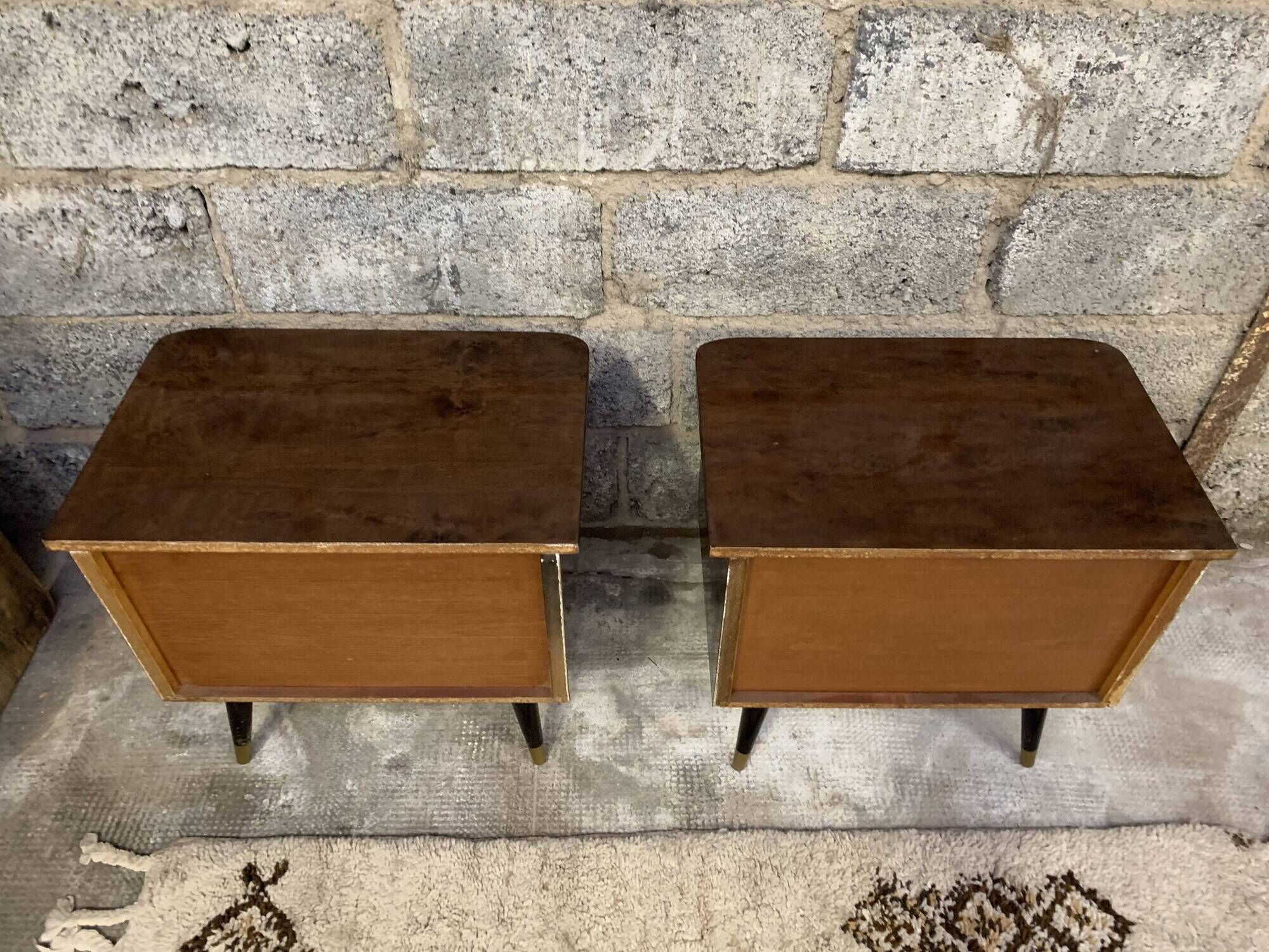 Pair of night tables feet compass bedside end of vintage sofa old 1950 1960 retro