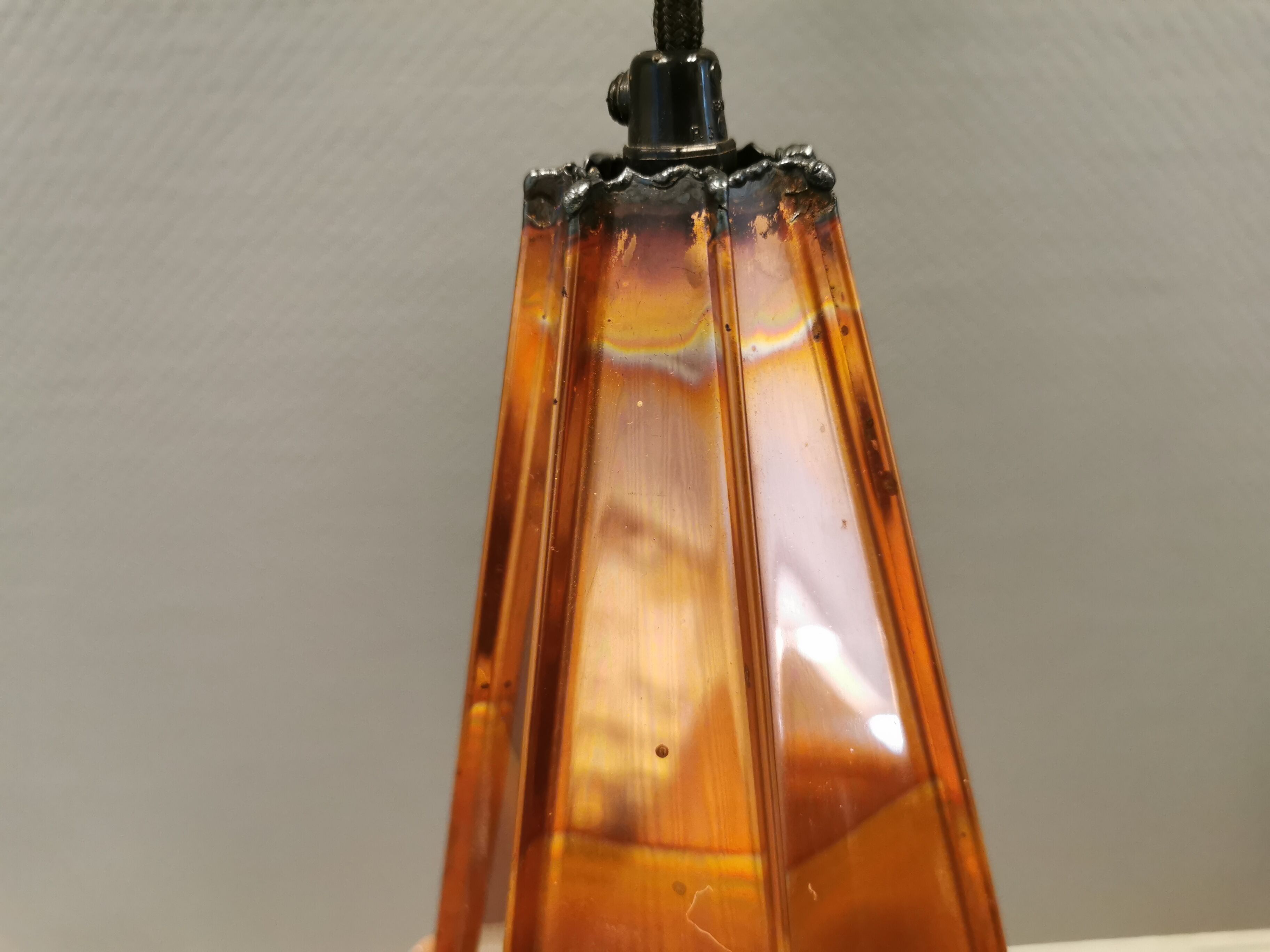 Older Danish cone-shaped hanging lamp in copper-colored lacquer with an inner contrasting shade.
