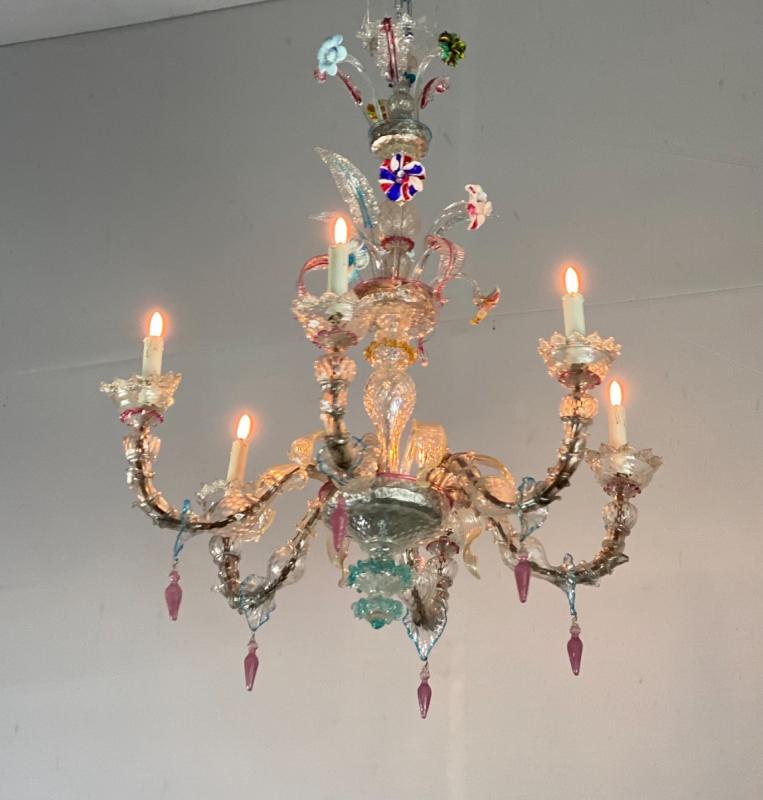 Rezzonico Lustre In Murano Colored Glass, 6 Arms of Light