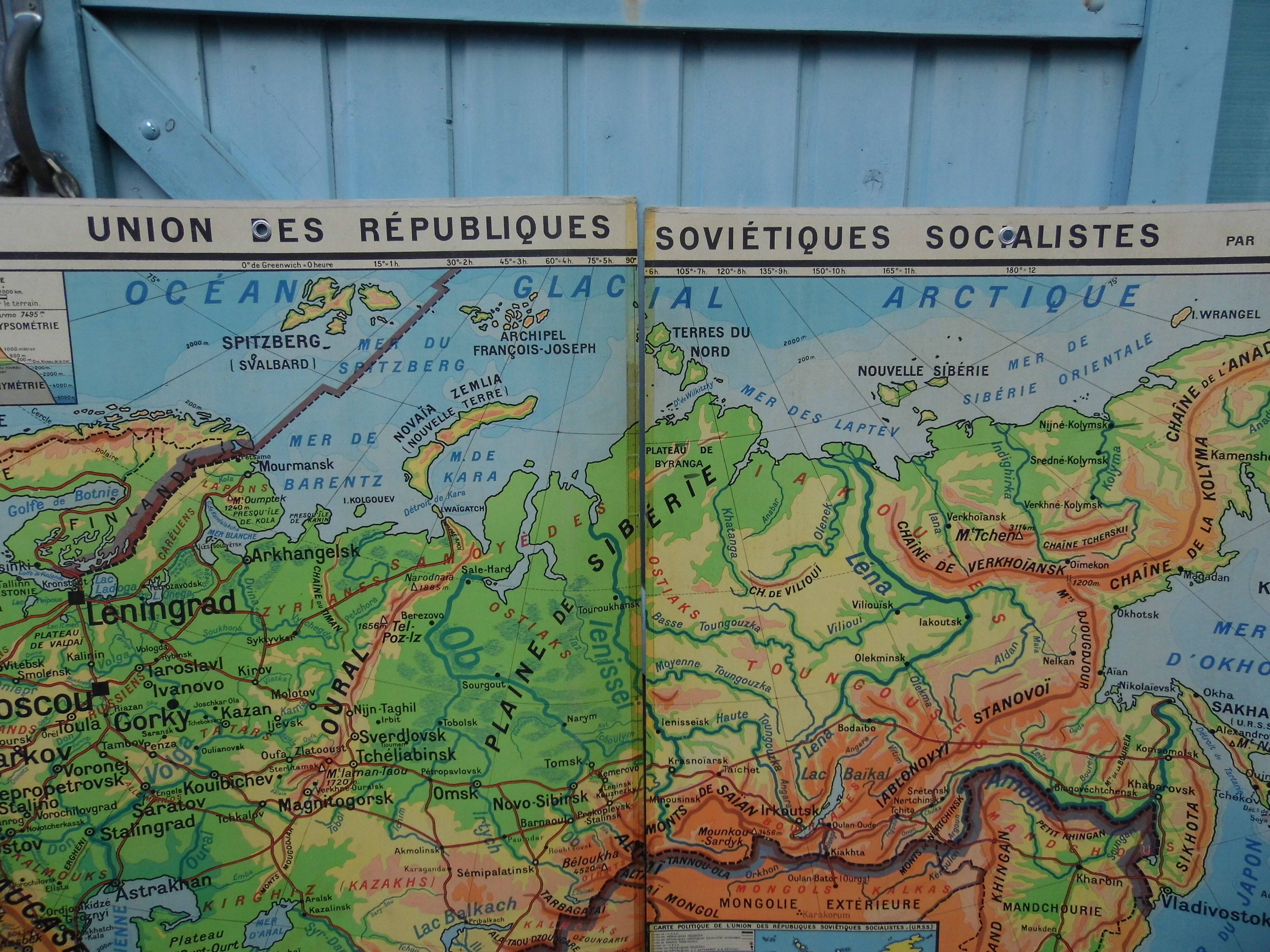 Carte de géographie d'école,carte double  "l'URSS"