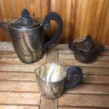 Old art deco coffee tea service silver metal & vintage black wood handles #a591