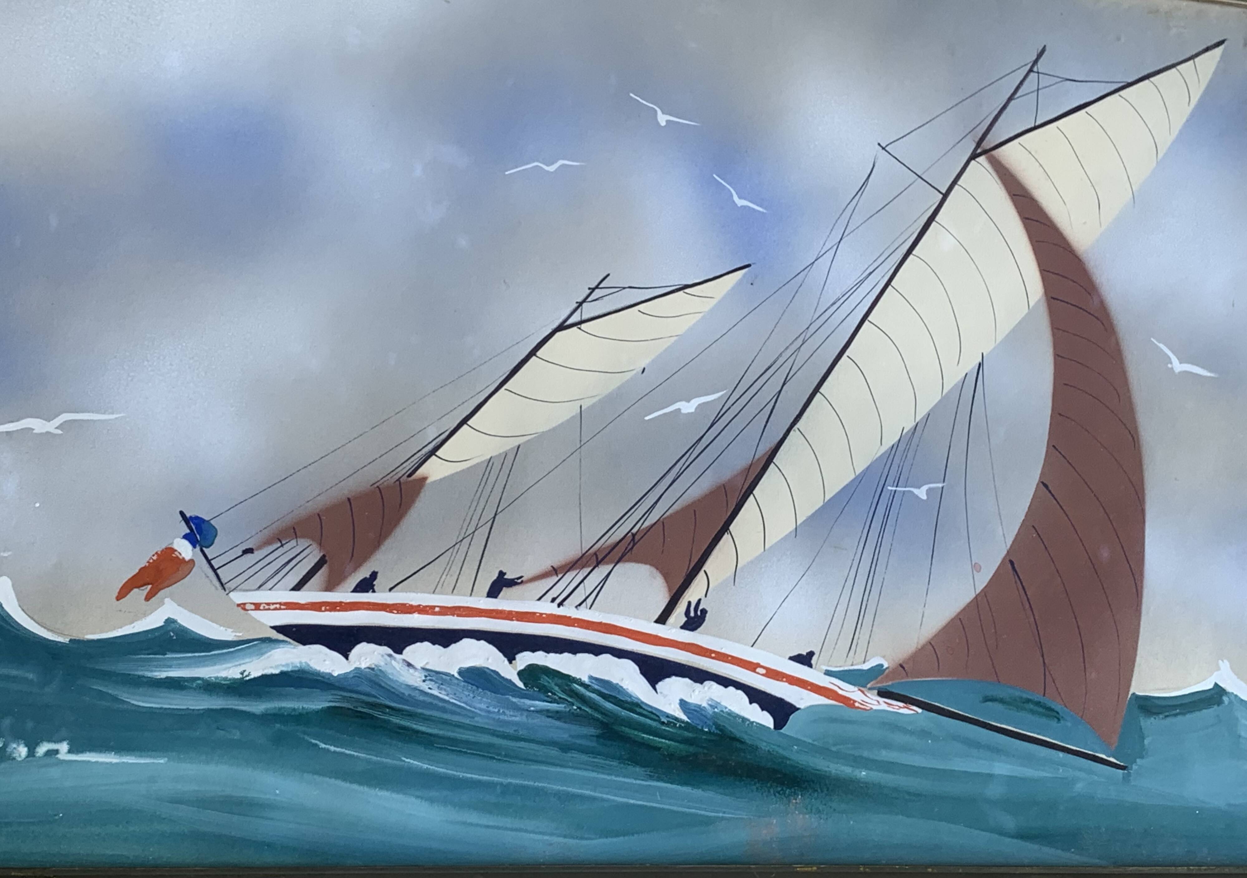 Marine painting, sailboat signed Dorvom, framed, vintage