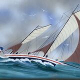 Marine painting, sailboat signed Dorvom, framed, vintage