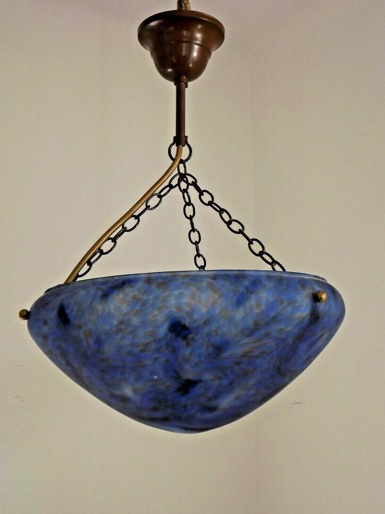 French Vintage Single Light Blue Art Glass Ceiling Light 3 Chains & Fitting