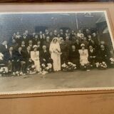 Old wedding photograph with a military bride and groom