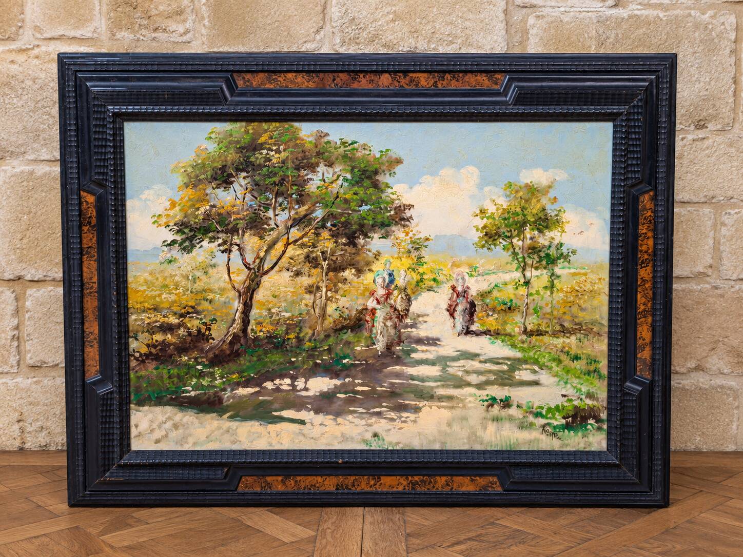 Conti: the walk / Animated landscape of elegant – Oil on canvas signed