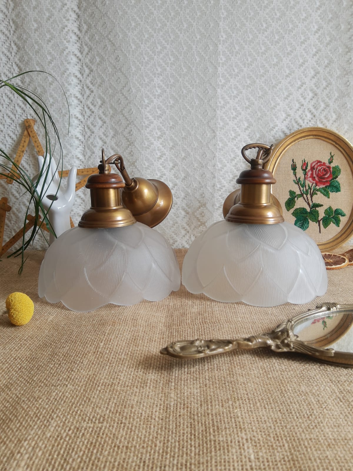 Pair of frosted glass flower pendant lights with vintage wood and brass