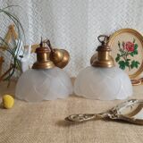 Pair of frosted glass flower pendant lights with vintage wood and brass