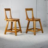 Pair of brutalist wooden back stools. France, circa 1960