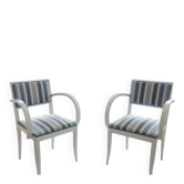 Paire de Fauteuils Vintage Style Art Déco - Bois Blanc et Tissu Rayé