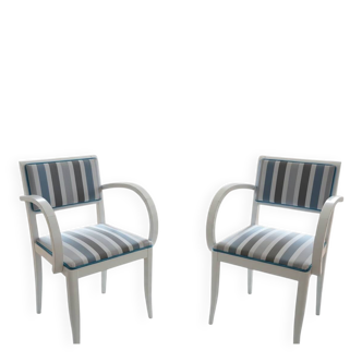Pair of Vintage Art Deco Style Armchairs - White Wood and Striped Fabric