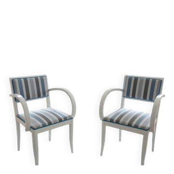 Paire de Fauteuils Vintage Style Art Déco - Bois Blanc et Tissu Rayé