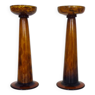 Hand blown Murano art glass tortoiseshell pillar candle holder. 70s