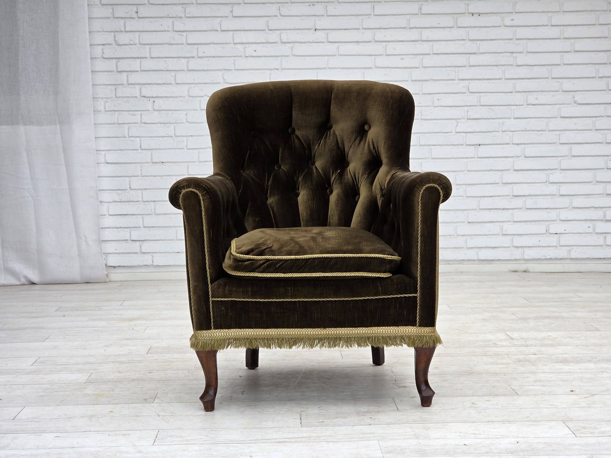 1950s, Scandinavian armchair, green furniture velour, ash wood.