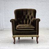 Fauteuil scandinave des années 1950, velours vert, bois de frêne.