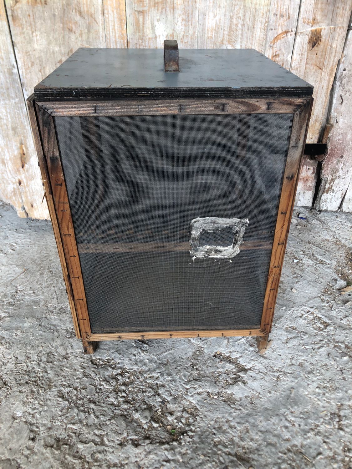 Old wooden pantry cabinet and mesh & vintage metal handle