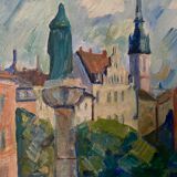 Peinture à l’huile suédoise vintage du milieu du siècle