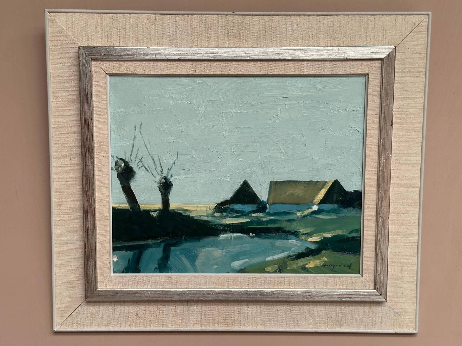 Swedish Oil on Canvas – “Farm by the Lake” by Bengt Hillgrund