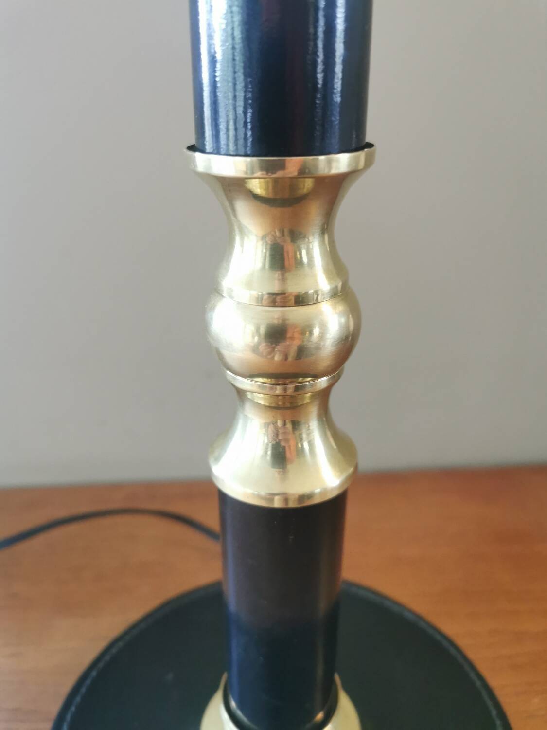 Vintage lamp base in black leather and brass