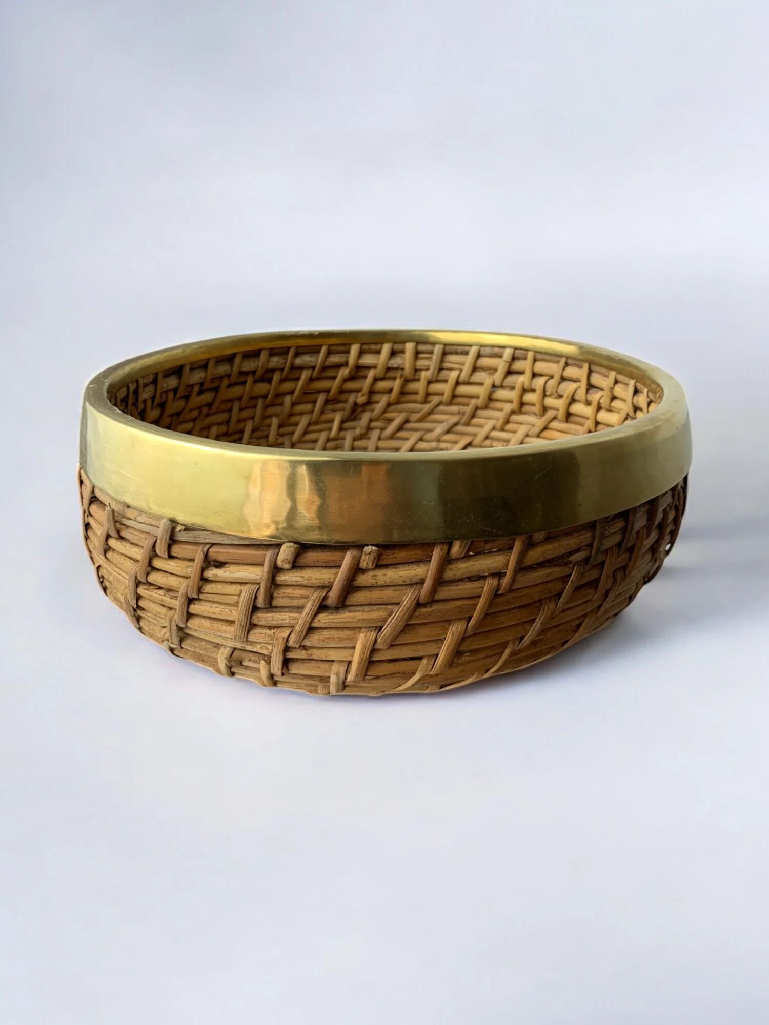 Circular rattan and brass basket, Italy, 1970s